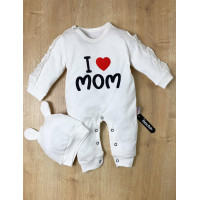 Человечек с шапочкой I love Mom Молочный 62 размеры Двунитка для девочек 1-3 месяца