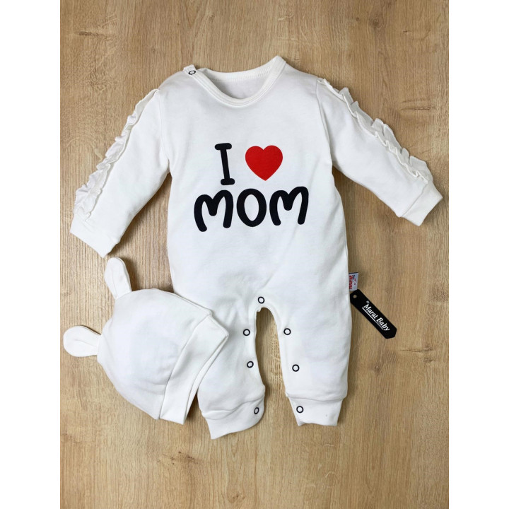 Человечек с шапочкой I love Mom Молочный 62 размеры Двунитка для девочек 1-3 месяца