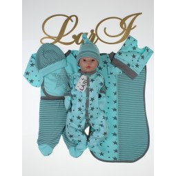Літній комплект бірюзовий на виписку 7 предметів із пологового будинку для новонародженої дитини