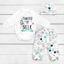 Комплект (шапочка + боди + ползунки) Milk Голубой Интерлок для новорожденных в роддом