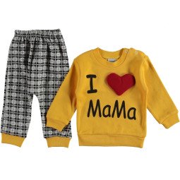 Тонкий трикотажный костюм I love mama для малышей 9 месяцев желто-серый Nikuby 74 размер