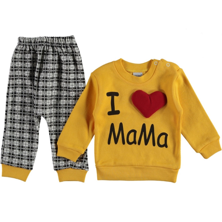Тонкий трикотажный костюм I love mama для малышей 9 месяцев желто-серый Nikuby 74 размер