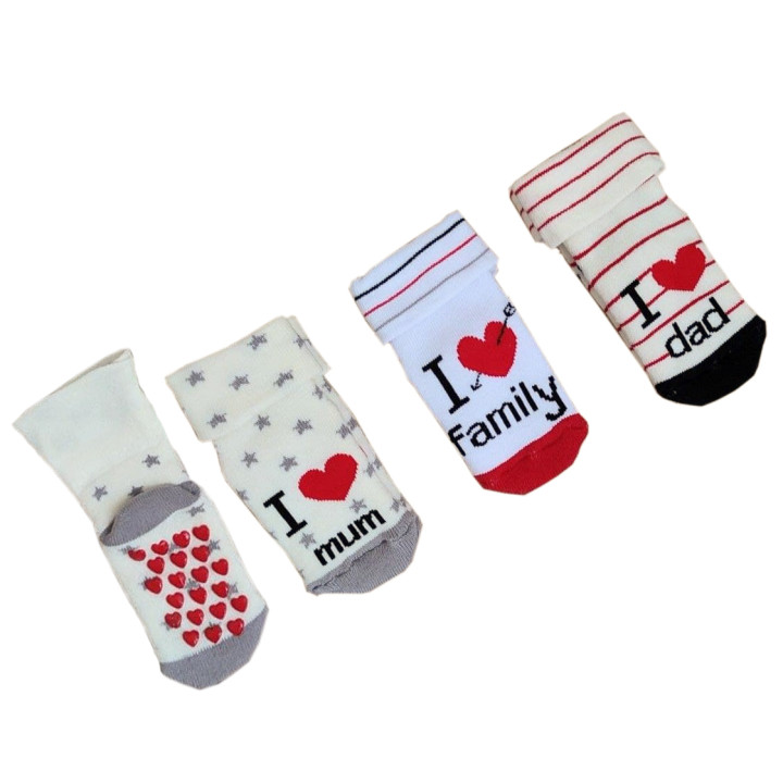 Махрові шкарпетки з гальмами та написом I love mum, dad, family для малюків