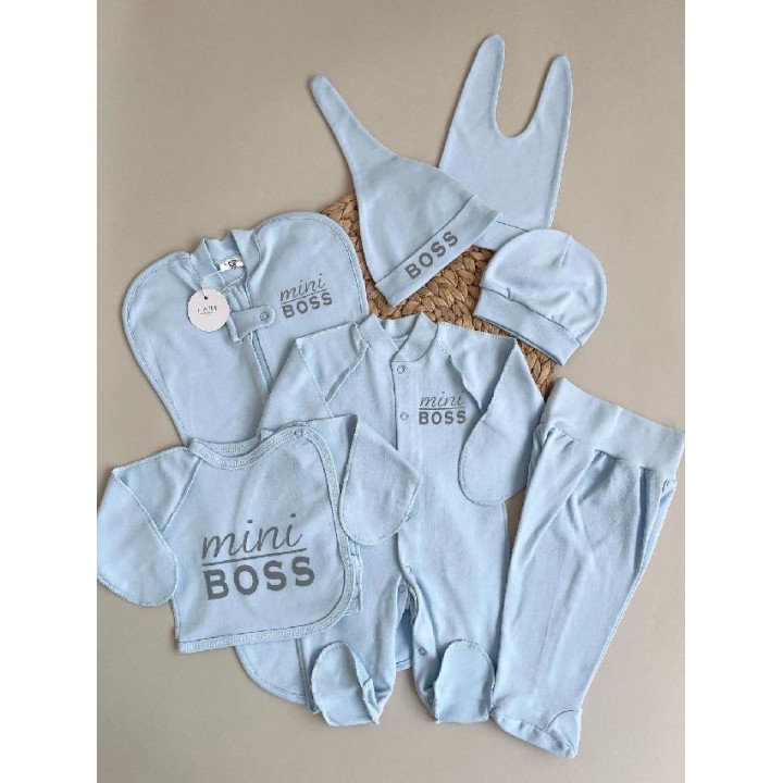 Літній набір одягу (7 предметів) Mini Boss Блакитний для новонародженого хлопчика у пологовий будинок